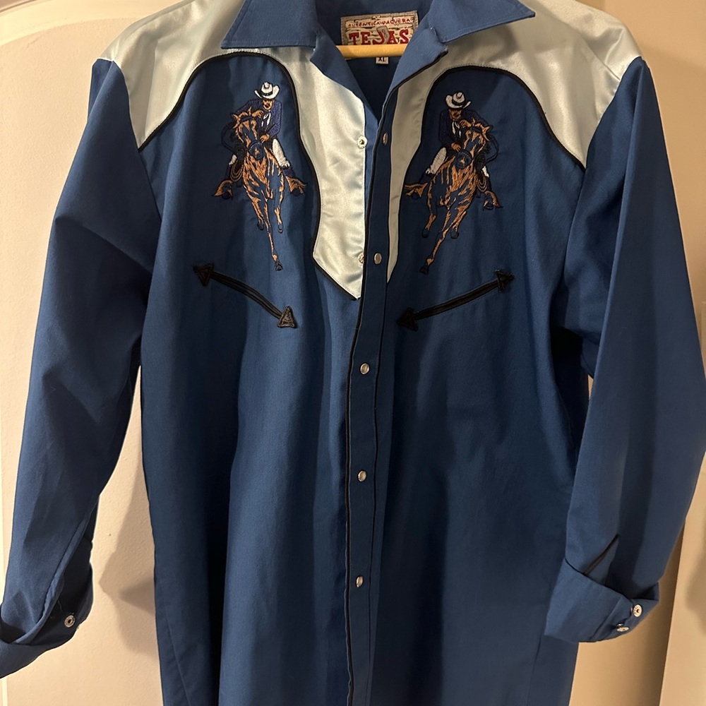 Blue Western Shirt with Embroidered Cowboys